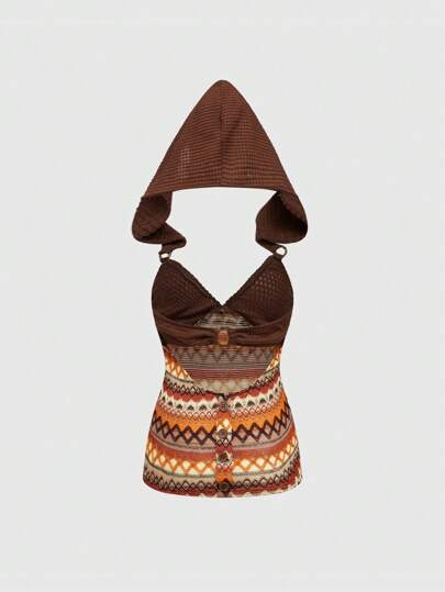 Hippie Chaleco con capucha tipo color block y rayas de estilo hippie Y2K