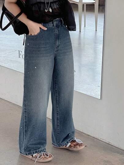 Dazy Kids Quần Jeans Denim Cho Bé Gái Tuổi Teen Quần Jeans Ống Rộng Đính Đá Rhinestones Quần Jeans Rộng Cho Bé Gái