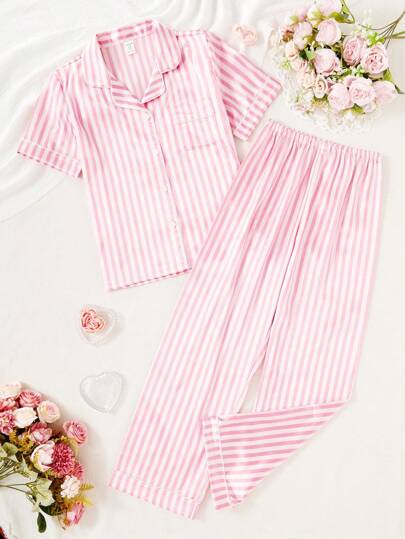 2pcs Girls Sweeet Fashion Pink & White Striped Shorts & Top Sleepwear Set Satain Pink Stripe Pajamas Sets Girls Clothes Set Teen Girl Shirts Summer Sets Pride