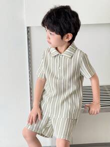 Genkimix Kids 2 件套男童 Polo 领条纹针织套装、短袖衬衫和短裤，适合 4-7 岁 - 彩色 - 查看 4