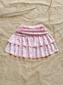 Soleia Spring & Summer Holiday Floral Print High Waisted Layered Ruffles Mini Skirt, Suitable For Backyard Garden, Date, Afternoon Tea, Vacation, Music Festival, Boho - Pink - View 4