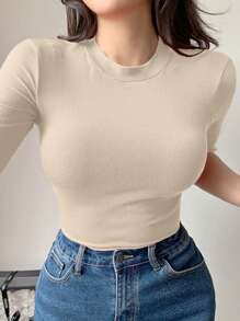 DAZY Women's Summer Mock Neck Half Sleeve Fitted Wrap Style Sexy Minimalist Casual Solid Color Undershirt - White - View 4
