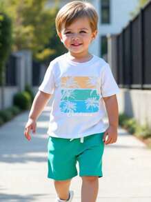 Camiseta de manga corta de punto con cuello redondo y estampado de vacaciones lindo y casual para niños pequeños, adecuada para el trayecto, la escuela, el uso diario casual, las vacaciones, los deportes, la primavera, el verano, el otoño y el invierno