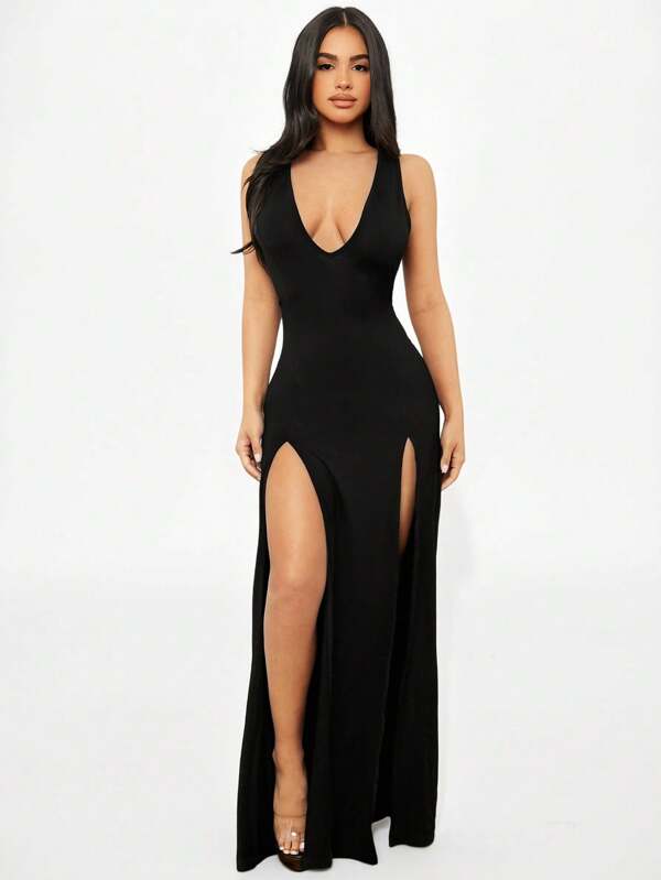 SHEIN SXY Summer Black Slit Thigh Deep V-Neck Tight Coquettish Dress,Summer Dresses For Women
