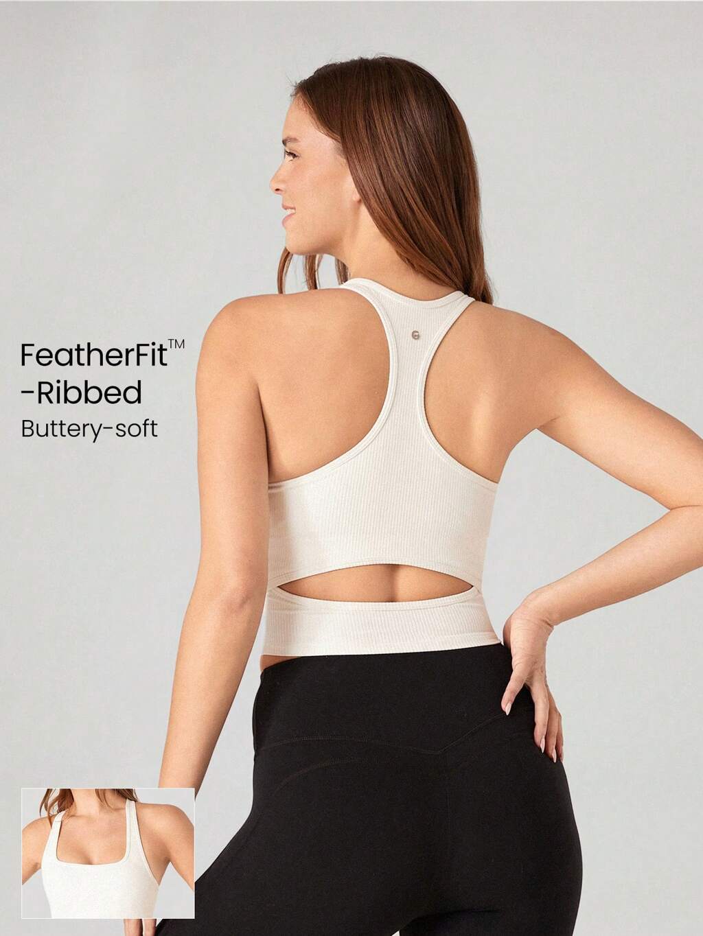 FeatherFit™ リブ編み クロップドトップ レーサーバックカットアウト スポーツブラ アクティブタンクトップ 軽量サポート ローインパクト ヨガ デイリー