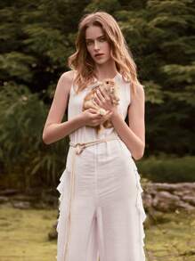 Lumivelle Women's Solid Color Casual Ruffled Hem Jumpsuit - White - View 7