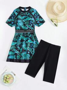 Swim Shayni 2 pezzi/Set Nuovo Abito bohémien da spiaggia senza maniche con motivo floreale tropicale e set di costumi da bagno burkini neri per donne, adatti per la primavera/estate