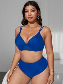 SHEIN Swim Curve Bộ đồ bơi tam giác cạp cao có đệm lót trơn cỡ lớn cho nữ 2 chiếc, dây đeo có thể điều chỉnh, đồ bơi đi biển thường ngày gợi cảm thanh lịch - Xanh đậm - Xem 5