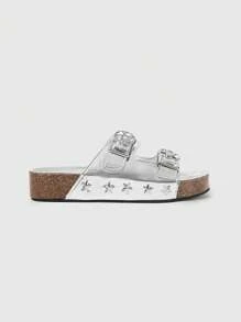 ROMWE Grunge Punk Dép đi biển Roman phong cách Punk Dark Rock cho nữ, Dép xỏ ngón đi ngoài trời, Dép đế xuồng hở mũi hình ngôi sao - Bạc - Xem 7