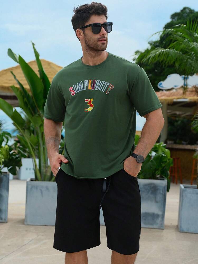 Men's Colorful Letter & Number Embroidery Green T-Shirt, Summer,Graphic Tees