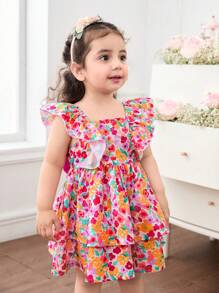 SHEIN Babygirl 可爱花卉图案荷叶边宽松度假连衣裙 - 玫紅色 - 查看 4