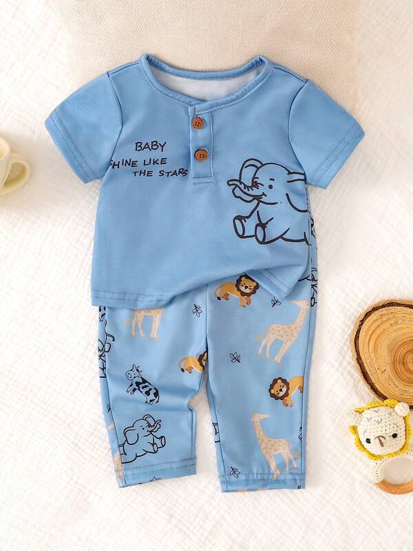 SHEIN 2pcs Newborn Baby Boy Cute Elephant Pattern Round Neck Front Open Short Sleeve Top And Shorts Soft Touch Pajama Set