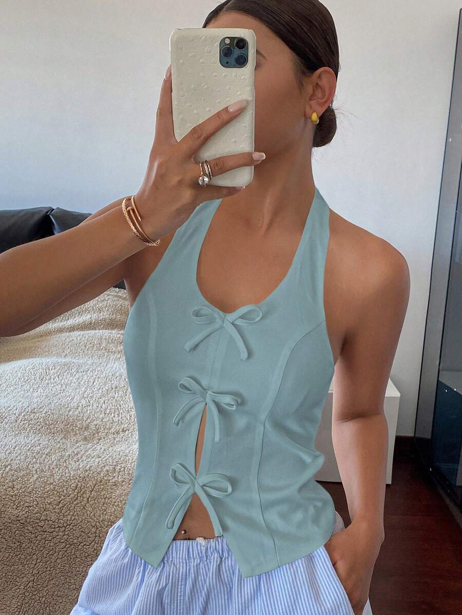 Livesso 女款大U領前蝴蝶結掛脖短版上衣,休閒外出度假掛脖上衣 - 藍色 - 查看 1