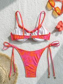 Swim Mod 2 件套春假多色细肩带钢圈背心，带前系腰带和侧系带泳裤，可爱夏季女士沙滩游泳比基尼套装 - 橘色 - 查看 2