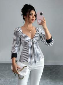 Elenzga Elegante blusa senza maniche con fiocco anteriore, a peplum con colori a contrasto, adatta per uso casual quotidiano, viaggi, spiaggia, festival musicali, pendolarismo, primavera/estate