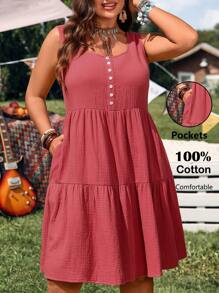 EMERY ROSE Vestido rojo corto de verano sin mangas de cuello redondo para mujer talla grande - Color caoba - Ver 3