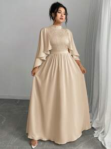 Elenzga 2025 Women Plus Size Elegant Party Dress With Waistband, Ruffle Sleeve, Front Pleat, Ruffle Shawl Collar, Solid Color, Back Zipper Closure - Khaki - View 5
