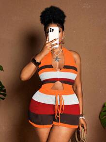 Maweii Plus Size Women's Sweater Set Orange,Summer,Smart Casual,Vacation,Holiday Ice Silk Halter V-Neck Top&Drawstring Shorts Slim Knit Two Pieces Boho - Multicolor - View 6