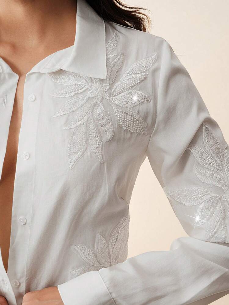 1pc Women's High-Quality Elegant Solid Color Embellishment Blouse, Standard Sizes