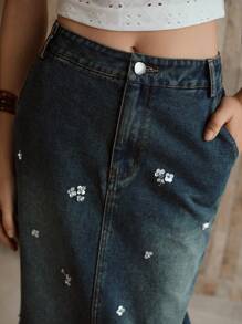 MOTF PREMIUM VÁY DENIM XẺO THÊU THẲNG - Xanh đậm - Xem 2