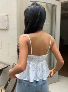 SHEIN Frenchy Solid Color & Blue-White Floral Pleated Camisole Top,  Wrap Chest Shrink Ruffle Camisole Top,Embroidered Striped Undershirt,Ruffle Hem Camisole,Romantic And Elegant,Allover Floral Print + Striped Embroidered Crepe Fabric,Elasticized Back,For Holiday And Everyday Wear Summer - Blue and White - View 2