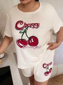 Slumberry CURVE Plus Size Cherry Print Casual Short Sleeve Shorts Pajama Set - Yellow - View 7