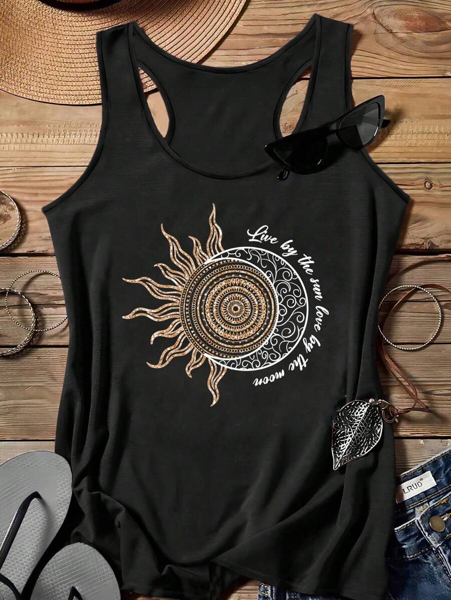 SHEIN LUNE Damen Große Größen lässiges minimalistisches Sonne & Mond Folienprint Träger Top, geeignet für den Sommer - Schwarz - Übersicht 1