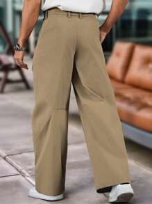 Manfinity EZcore 送给男朋友的礼物，送给男士的礼物，男士结构化开叉大廓形纯色宽松阔腿裤，适合街头穿着，休闲装卡其裤，秋季 - 卡其色 - 查看 2