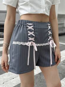 SHEIN 少女条纹法式蕾丝边系带短裤 - 淺灰色 - 查看 3