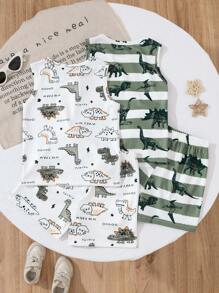 4 piezas Conjunto informal de verano con estampado de dinosaurio pintado a mano en camisetas de tirantes para niños