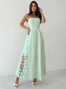Firerie Women's Elegant Romantic Lace Splice A-Line Midi Dress, Casual Holiday Beach Wear, Summer - Pastel Green - View 2