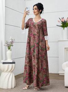 SHEIN Najma Al Najma 女士花卉印花蕾丝拼布长袍，阿拉伯风格，夏季穿着 - 彩色 - 查看 6