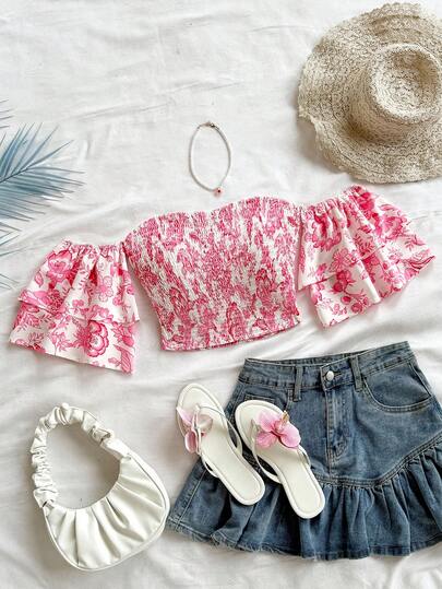 Soleia Women's Floral Print One Shoulder Ruffle Short Sleeve Blouse, Vacation Style Off The Shoulder Top Smocked Top Floral Crop Top Summer Top Off Shoulder Blouse Summer Tops Off Shoulder Top,Pink Top,Carnival