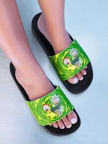 Rick and Morty X SHEIN Cute Cartoon PVC Unisex Slide Sandals, Suitable For Indoor And Outdoor Wear, Black - Multicolor - View 2