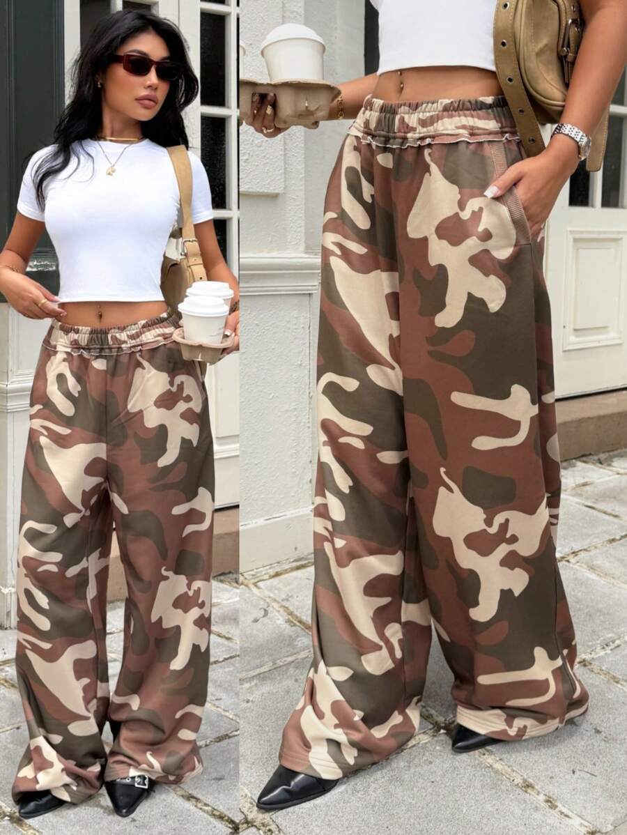 SHEIN EZwear Summer Graphic Sweatpants Western Wear Camouflage Print Elastic Wide Leg Pants - Army Green - View 1