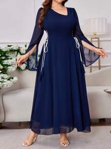 Modelyn 大码女式优雅雪纺轻盈修身连衣裙，夏季 - 藏蓝色 - 查看 5