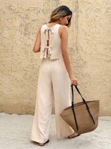 SHEIN Frenchy 2 pezzi/set Top e pantaloni con vita elastica e pizzo traforato per donne - Albicocca - Visualizzare 2