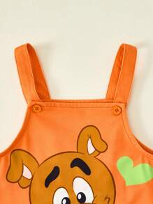 SCOOBY-DOO X SHEIN Set da 2 pezzi per bambino maschio: T-shirt a maniche corte con righe colorate e carine, e salopette con stampa di cartone animato arancione e giocosa