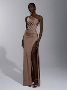 Elitara Abito elegante, romantico, sexy, minimalista, in raso, elasticizzato, senza schienale, con volant, attillato, con spacco alto, alla moda, stile influencer, da occasione, da vacanza, festa di compleanno, matrimonio, damigella