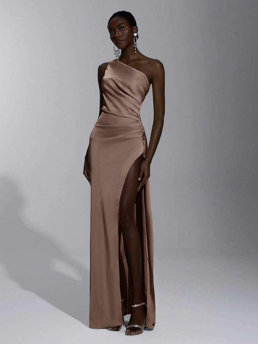 Elitara Abito elegante, romantico, sexy, minimalista, in raso, elasticizzato, senza schienale, con volant, attillato, con spacco alto, alla moda, stile influencer, da occasione, da vacanza, festa di compleanno, matrimonio, damigella