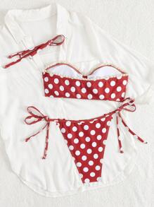 Swim Mod 女士夏季海滩音乐节波点可爱蕾丝边蝴蝶结可爱度假风比基尼套装 - 彩色 - 查看 2