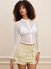 SHEIN MOD Áo thun tay dài thanh lịch cài nút phía trước, màu trắng, mỏng nhẹ, mùa hè - trắng - Xem 5