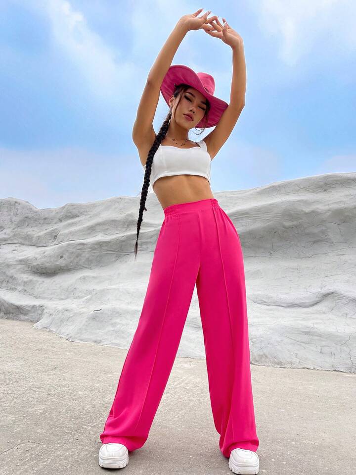 SHEIN EZwear Commuting Style Pink Solid High Waist Straight