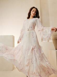Anewsta Spring/Summer New Beach Resort Style Ruffled Patchwork Loose Long Sleeve Dress For Women - Multicolor - View 1