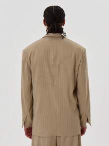 Musero 男士细条纹口袋细节宽松修身西装外套 秋冬商务休闲西装 - 卡其色 - 查看 4