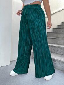 SHEIN EZwear Plus Size Solid Color Pocketed Twist Loose Wide Leg Pants Plus Size Pleated Pants - Teal Blue - View 3