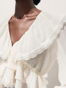MAIJA Autumn Beach Brunch Petal Sleeve Button Down Blouse Country Concert Cream White Elegant - White - View 4