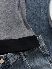SHEIN PETITE Petite Casual Minimalist Style Black & Gray Contrast Fitted T-Shirt, Suitable For Spring & Summer - Multicolor - View 4