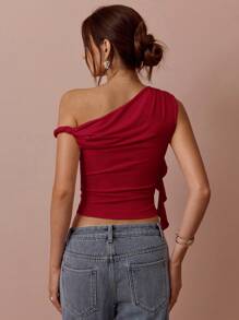 Enchnt Spring/Summer Romantic Women's Asymmetrical Neck Sparkle Rhinestone 3D ROSE Decor Sleeveless Tank Top, Sexy&Chic&Elegant&Fashionable For Party&Date&Holiday&Graduation&Going Out - Burgundy - View 3