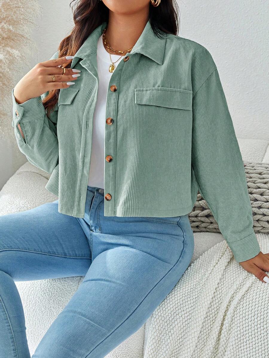 SHEIN LUNE Plus Size Fall Women Solid Color Minimalist Casual Long Sleeve Jacket Fall Jackets Winter,Holiday Autumn - Green - View 1